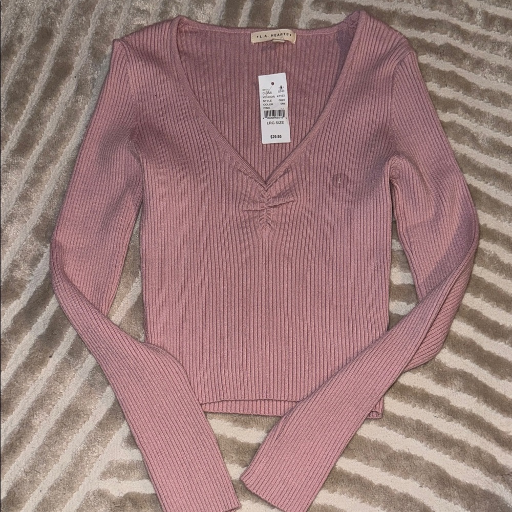 Pink PacSun Ribbed V-Neck Long Sleeve Top